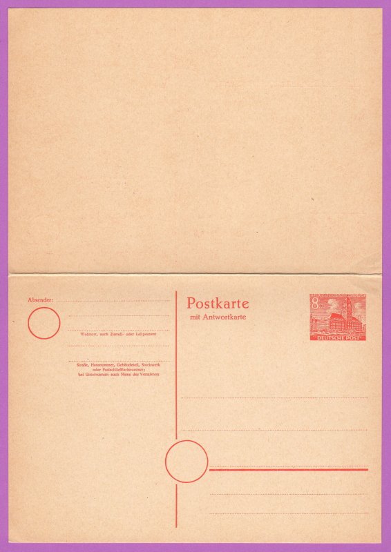 BER MiP7 M 1949 8/8pf Schoeneberg, Rudolf Wilde Square, w/Reply Card Attached