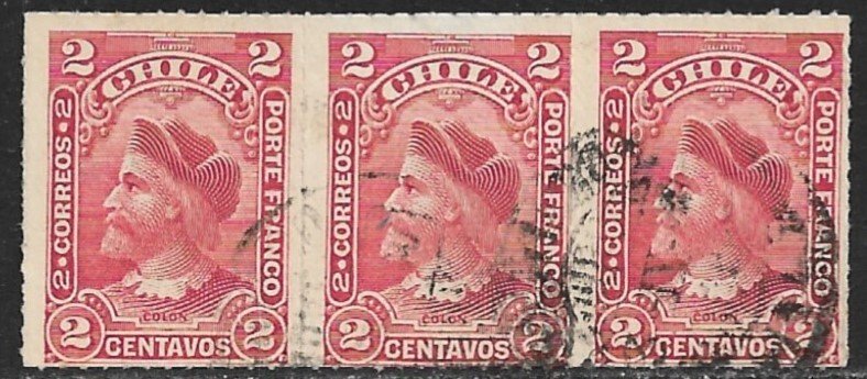 CHILE 1900-01 2c COLUMBUS Ty I Portrait Issue STRIP OF 3  Sc 40 VFU