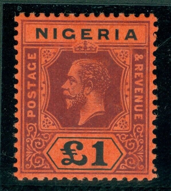 SG 12 Nigeria 1914-19. £1 deep purple & black/red. A fine lightly mounted...