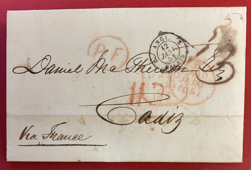 Ireland, 1851, Stampless Cover/with Letter, Dublin to Cadiz, 6 Postal Markings