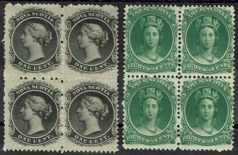 NOVA SCOTIA 1860 QV 1C AND 8½C BLOCKS YELLOWISH PAPER