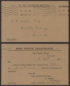 1918 On His Majesty's Service Stampless Telephones Postcard Used