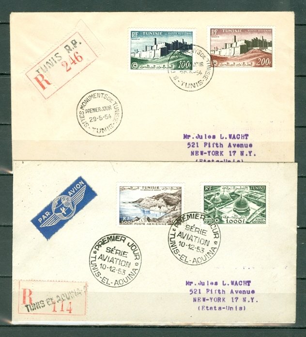 TUNISIA 1953-54 AIR #C17-20 SET on (2) REGISTERED FDC