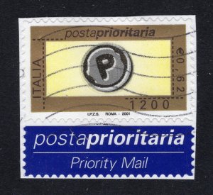 Italy 2001 1200 l Priority with Etiquette, Scott 2393 used, value = $1.00