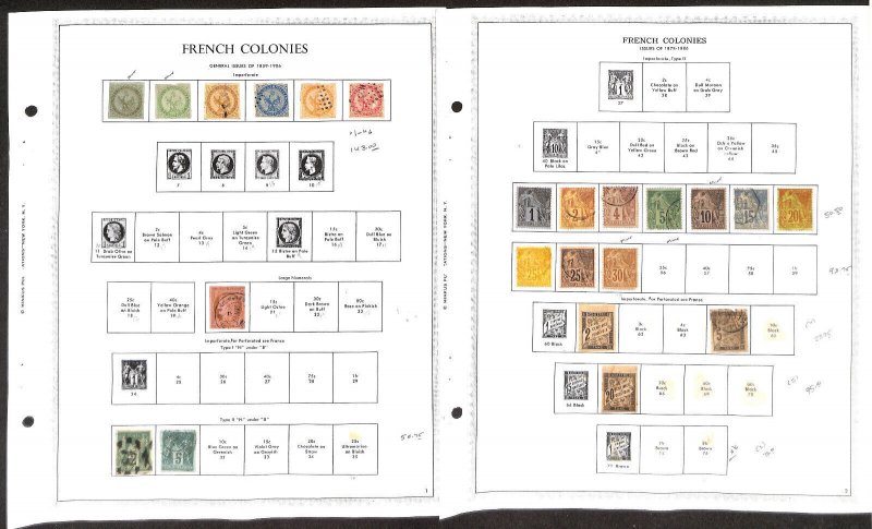 French Colonies Stamp Collection on 4 Minkus Specialty Pages, 1859-1944