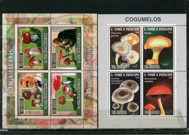 ST.THOMAS & PRINCE 2007-2008 MUSHROOMS 2 SHEETS OF 4 STAMPS MNH 