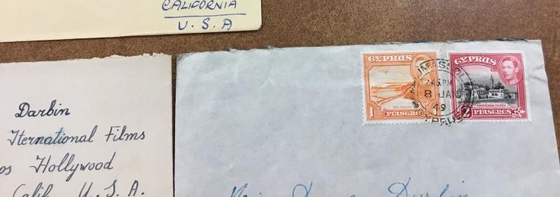 {BJ STAMPS} 5 1947 to 49 CYPRUS covers Fan mail  to Deanna Durbin George VI