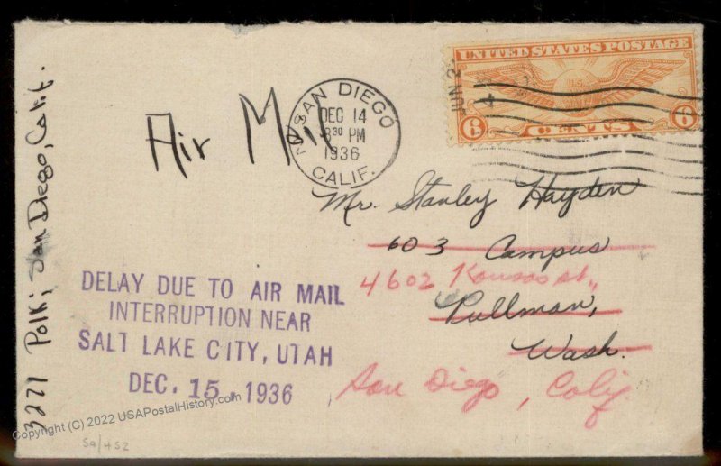 USA 1936 Delayed Airmail Salt Lake Utah Supplementary Markings Cover 91012