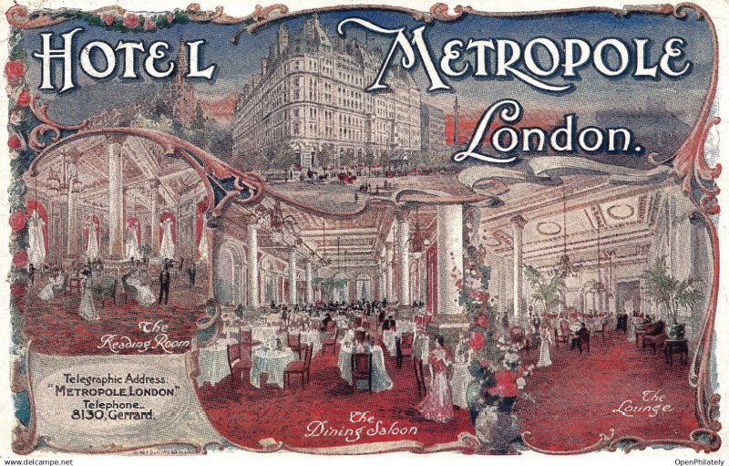 London Hotel Metropole Art Nouveau Advertising Card to Paris with Early Trave...