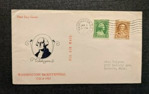 1932 Washington DC FDC 705 24f Airmail Cover to Detroit Michigan