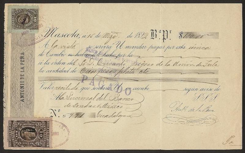 MEXICO Revenues on Document, Gaudalajara Jalisco 1892
