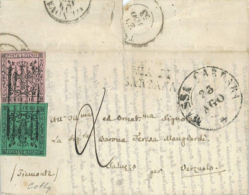 P0452 - ANTICHI STATI Modena - Storia Postale - BUSTA BICOLORE 1853 certificato