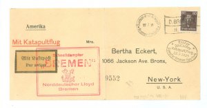 Germany 362 1929 July catapult Flight cover mailed from Germany and carried by catapult flight via SS Bremen to an addressee in