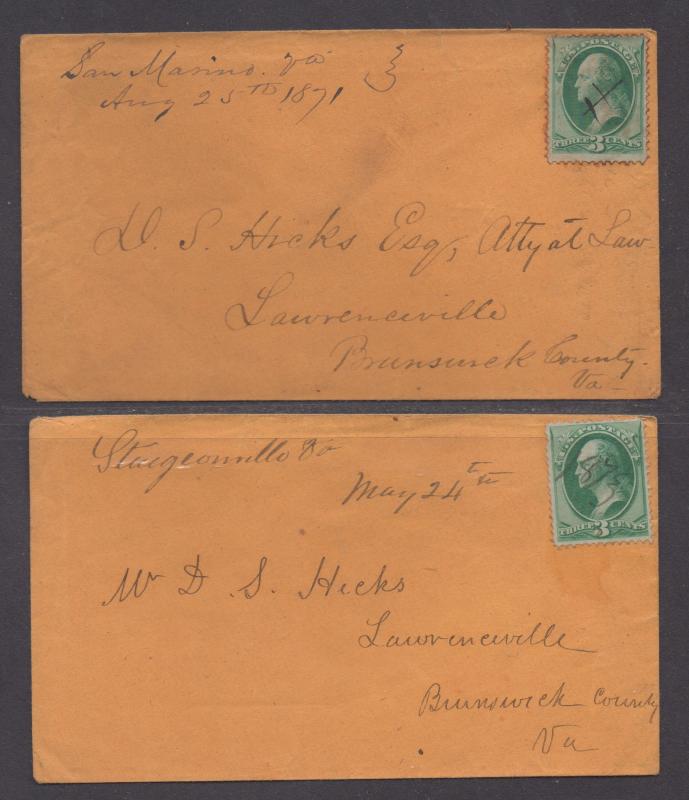 **US 19th Century Covers Scott #136, San Marino, VA, DPO, Lot of 2 Covers