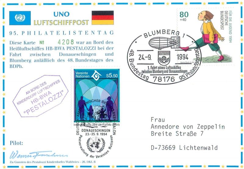 E0010 Maximum card UNO Zeppelin PESTALOZZI Airship mail 1994