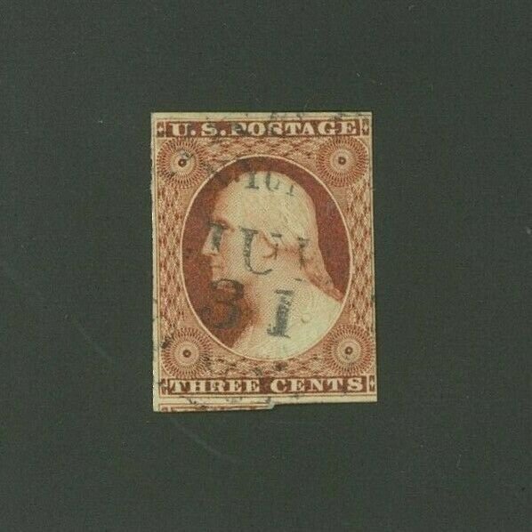 US 1853 - 1855 dull red 3c Washington, Type II Scott 11A used, Value = 15.00