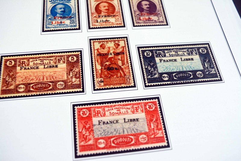 COLOR PRINTED SOMALI COAST 1894-1966 STAMP ALBUM PAGES (40 illustrated pages)