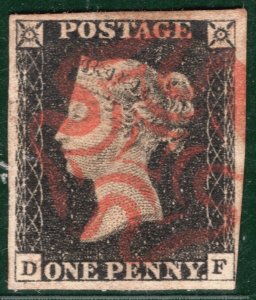 GB PENNY BLACK QV 1840 Stamp SG.2 1d Plate 4 (DF) Used Red MX Cat £425 REDS28