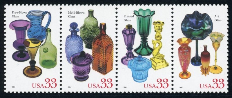 US Stamp #3328a American Glass 33c - Strip of 4 - MNH - CV $7.75
