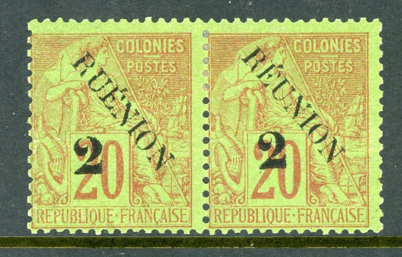 Reunion 1891 French Colonial Overprint 2¢/20¢ Red/Green Pair RUENION VFU T487