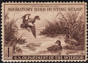 US #RW9 $1 Violet Brown  Duck Stamp MINT HINGED SCV $95.00