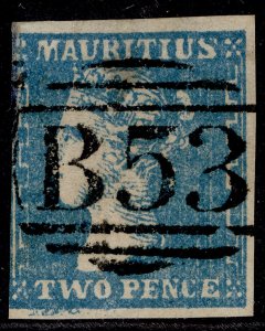 MAURITIUS QV SG43a, 2d blue, USED. Cat £1100.