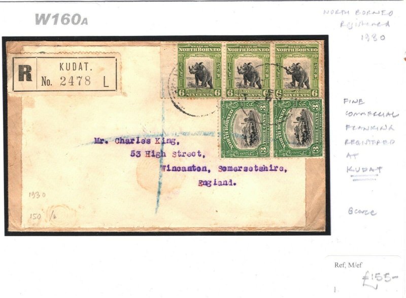 NORTH BORNEO Cover Registered *Kudat* Commercial Pictorials 1930 6c RHINO W160a