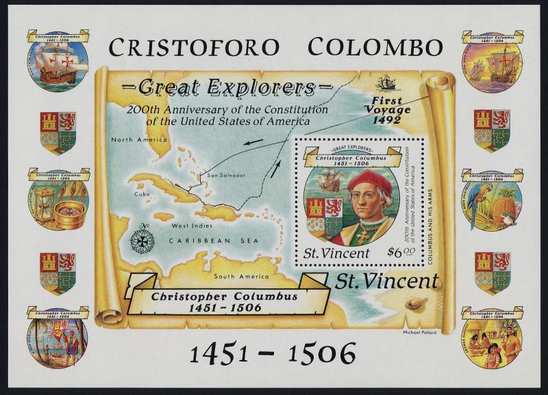 St Vincent 1093a MNH Christopher Columbus, Map, Ship, Crests