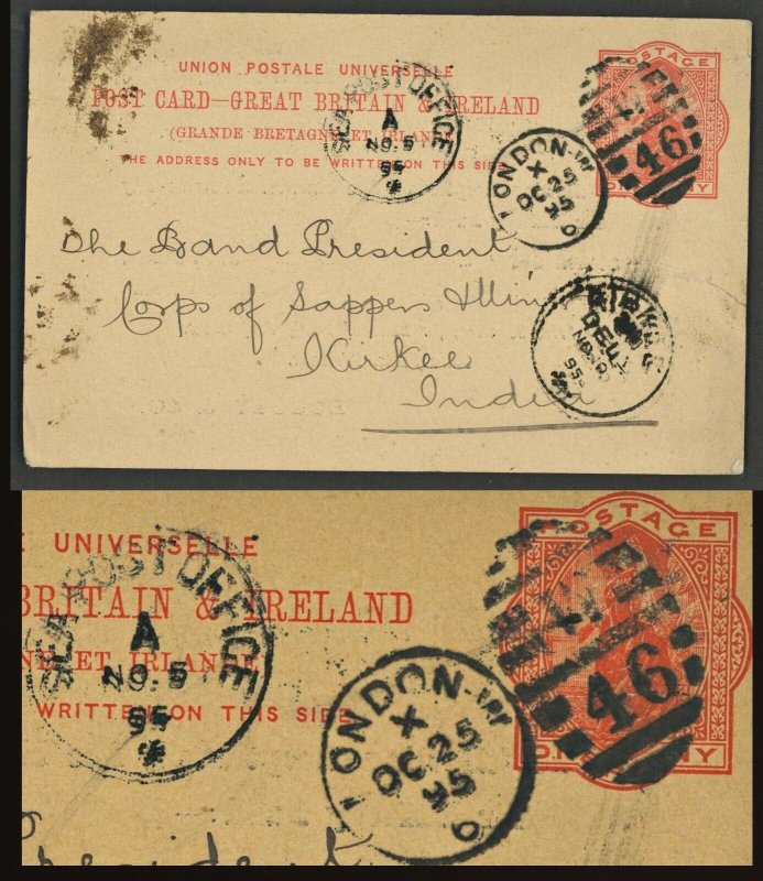 UK 1895 1P LONDON TO KIKEE INDIA VIA SEAPOST OFFICE POSTAL STATIONERY CARD