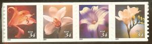 US 3481 34c Flowers coil strip of 4 MNH