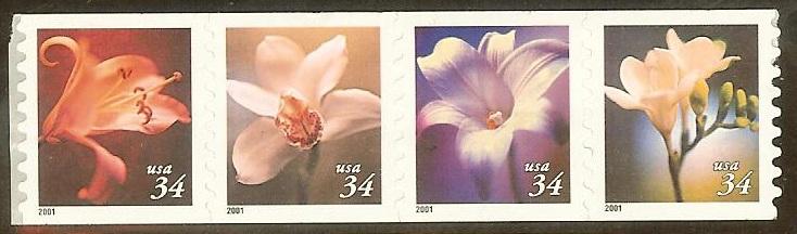 US 3481 34c Flowers coil strip of 4 MNH