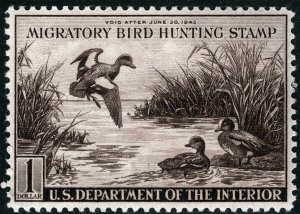 US Sc RW9 Violet Brown $1.00 MNH Original Gum 1942 Hunting Permit Stamp