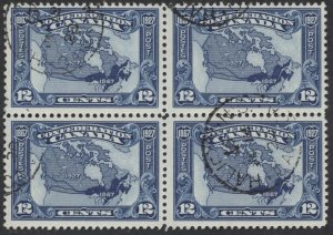 Canada #145 12c Confederation Map Used Block of 4 Fine Light Halifax CDS