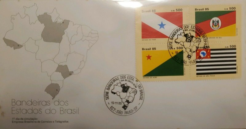 A) 1985, BRAZIL, FLAGS OF THE STATES OF BRAZIL, FDC, PARA, RIO GRANDE DO SUL, AC 