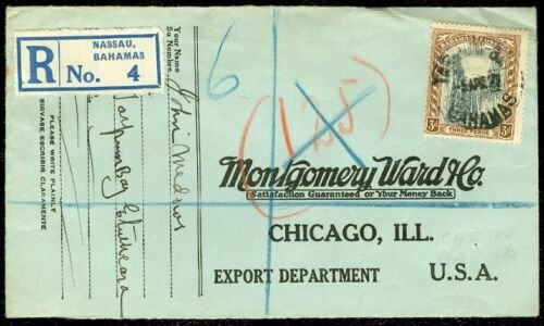 EDW1949SELL : BAHAMAS 1927 Registered cover to USA w/ Nassau #4 Registered label 