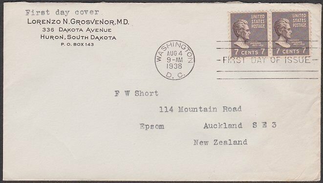 USA 1938 7c Andrew Jackson pair on FDC to New Zealand ex Washington.........P999