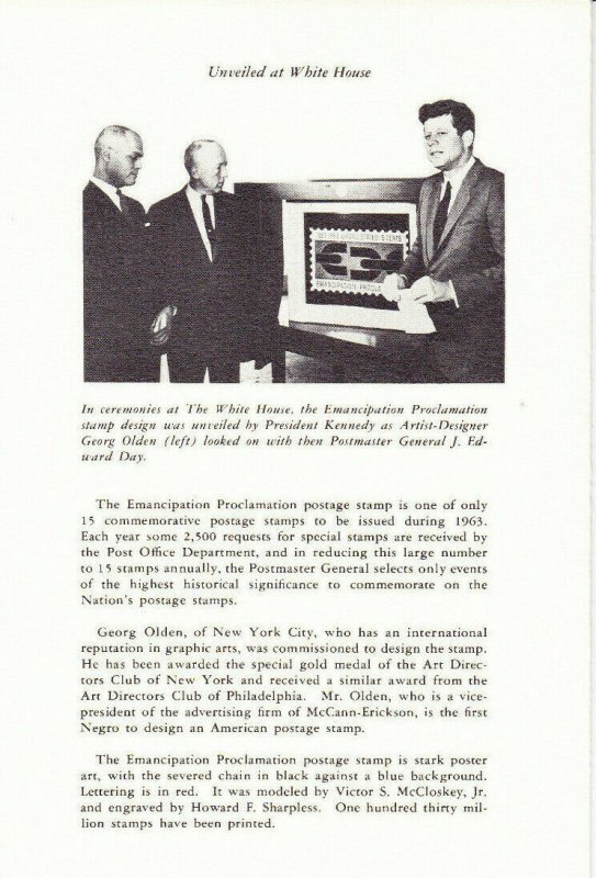 USPS First Day Ceremony Program #1233 Emancipation Proclamation Centennial 1963