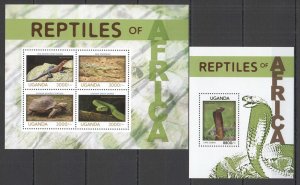 SS0691 2013 UGANDA FAUNA REPTILES OF AFRICA #3200-03 KB+BL MNH