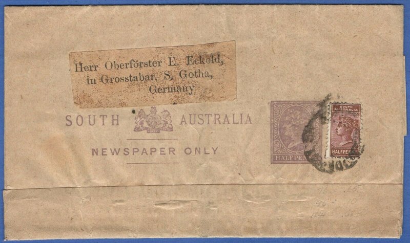 SOUTH AUSTRALIA QV Uprated 1/2d Newspaper Wrapper + 1/2d > Germany