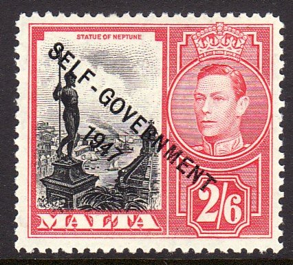 1948 Malta Statue of Neptune Self-Government 2/6 KGVI MLH Sc# 220 CV $14.00