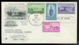 UNITED STATES FDC 3¢ Capital Sesquicentennial Full Set One Cover 1950 ArtCraft