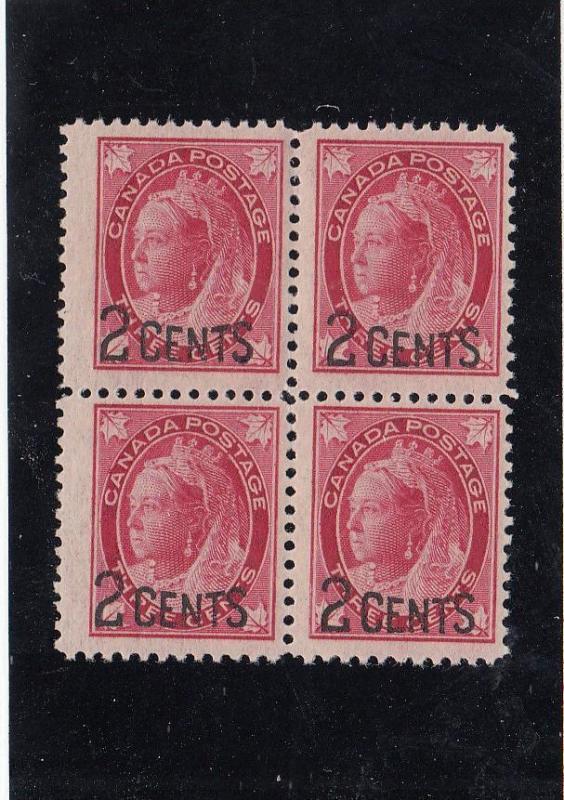 CANADA # 87 VF-MNH 2 on 3cts QV PROVISIONAL SURCHARGED BLOCK OF 4 CAT VALUE $360