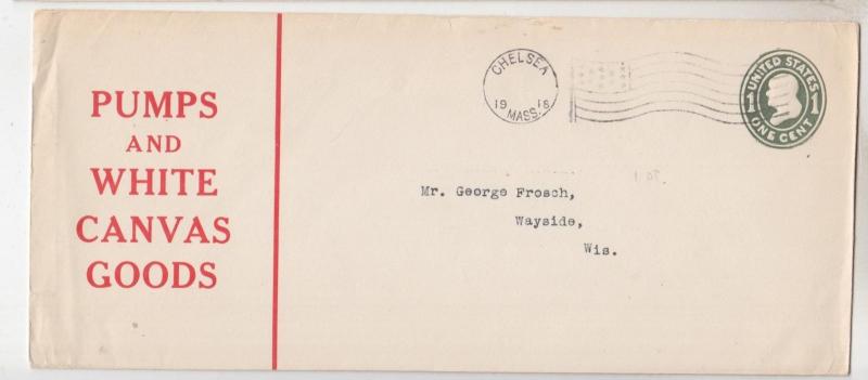 Envelope, 1918 1c., PUMPS & WHITE CANVAS GOODS, CHELSEA, MASS to Wayside, Wis.