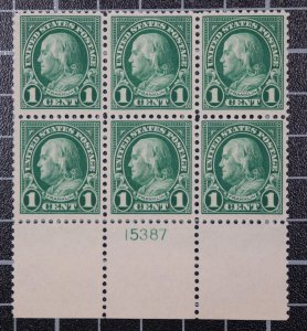 Scott 552 1 Cent Franklin MNH Plate Block Of 6 Bottom # 15387 SCV $55.00