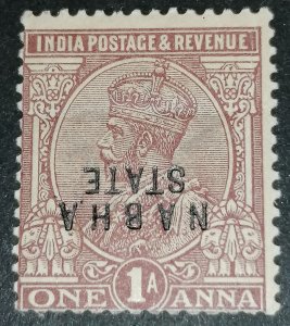 India Nabha State 1 anna 1924 MH inverted overprint error