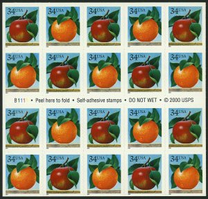 US 2001 34c Apple and Orange Pane of 20 Stamps Scott #3491-3492 MNH