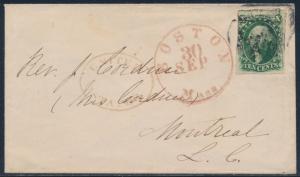 #15 1856 TO CANADA BOSTON PMK U.S. OVAL & MONTREAL BACKSTAMP COVER BS9382