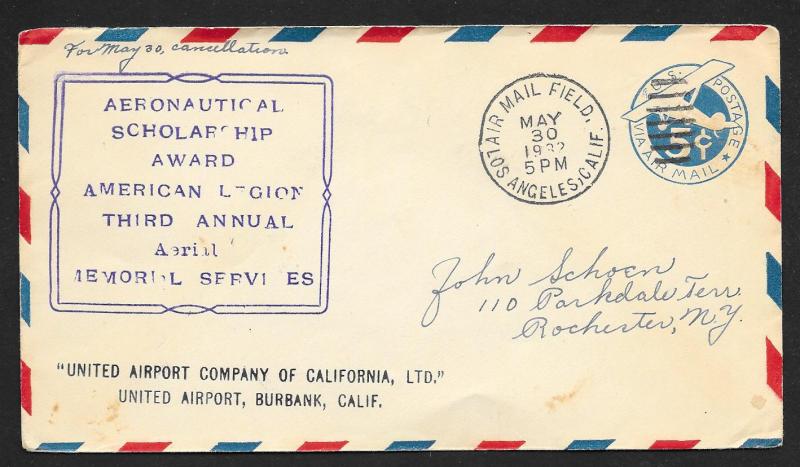 UNITED STATES Event Cover 3rd Annual Aeronautical Scholarship 1932 Los Angeles