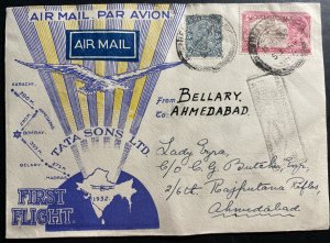 1932 Bellary India Airmail First Flight cover FFC To Ahmedabad Tata Airways