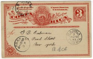 Costa Rica 1893 Alajuela cancel on postal card to the U.S.
